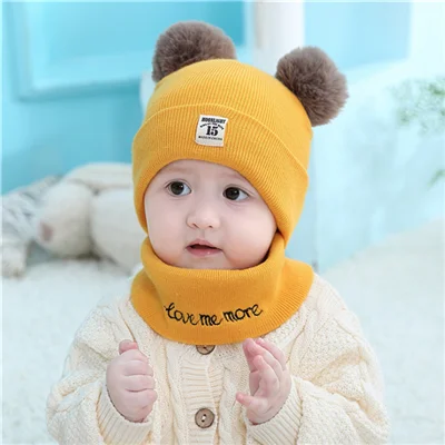 Yellow suit Детские шапочки унисекс, шапка, комплект для маленьких детей, одноцветная полосатая шапка и шарф, зимний теплый костюм, комплект для мальчиков и девочек, малышей, студентов - Цвет: Yellow suit