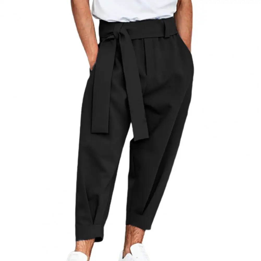 Men's Casual Pants Mid Waist Solid Color Skin-friendly Lace-up Casual Belt Loose Cropped Trousers for Autumn wide leg pants