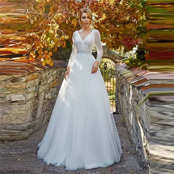 

V-Neck Lace Top Long Sleeves A-Line Wedding Dress Tulle 2021 Modest Bridal Gowns Garden New Arrival Spring