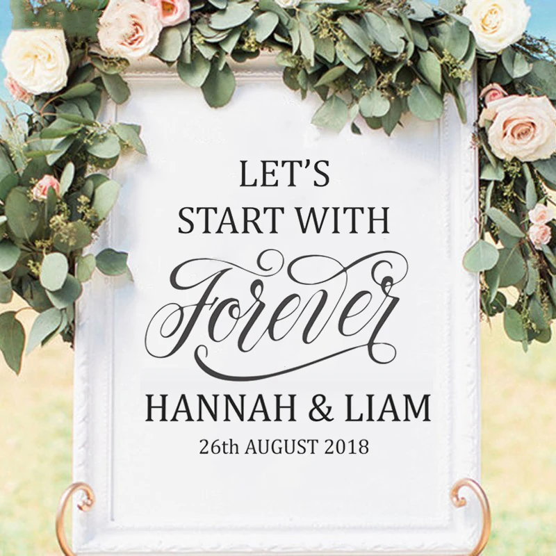 

Wall Stickers Decor Let's Start with Forever Wedding Sign Sticker Personalzied Name Wedding Date Decoration