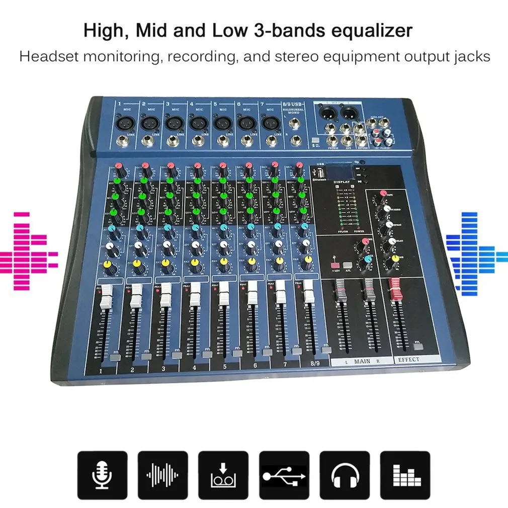 CT8 8 Channel Professional Stereo Mixer Live USB Studio Audio Sound Console Network Anchor Device Vocal Effect Processor