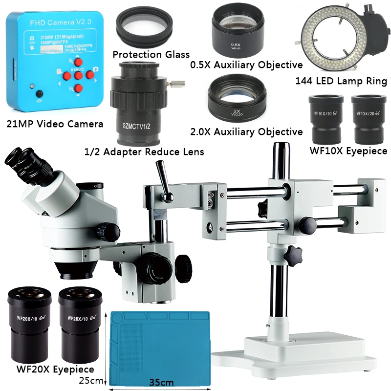 

3.5X 7X 45X 90X Trinocular Stereo Microscope Double Boom Stand Zoom Simul Focal+21MP Camera Microscope For Industrial PCB Repair