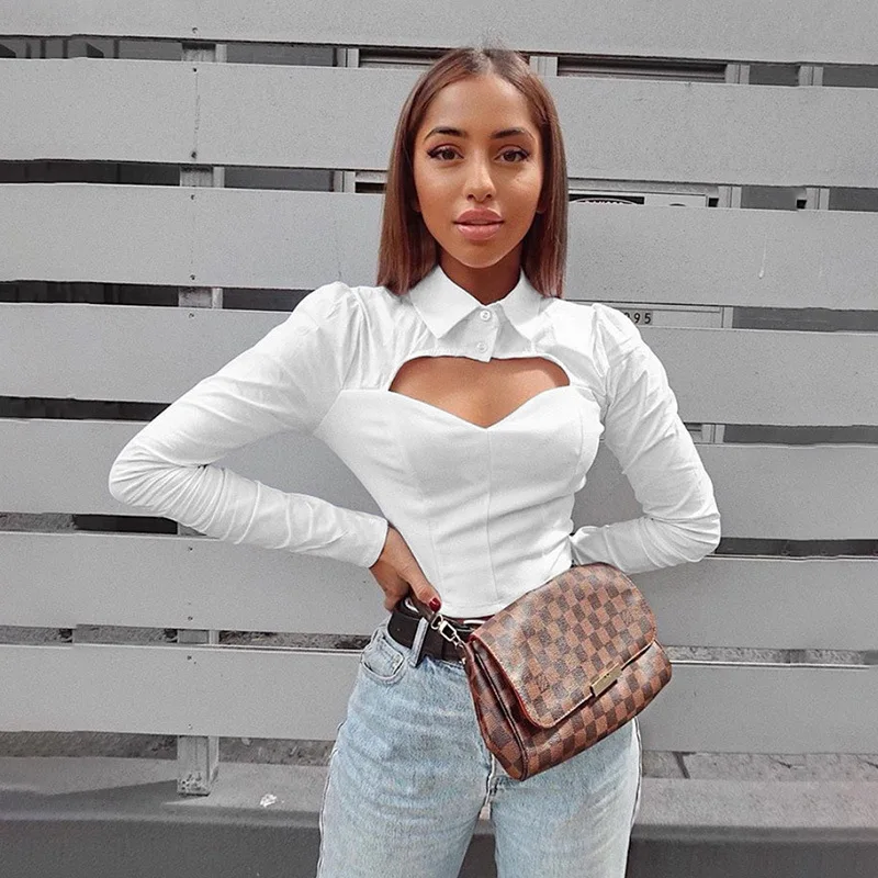 Сексуальная белая блузка с вырезом женская укороченная длинным рукавом 2020