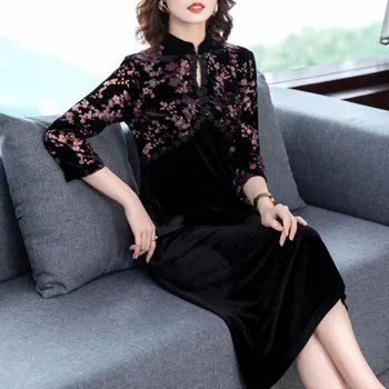 

2020 Spring Autumn Women's Dresses Velvet Stitching Slim Vintage Mandarin Collar Print Vintage Dress Vestidos Elegantes Lace 4xl