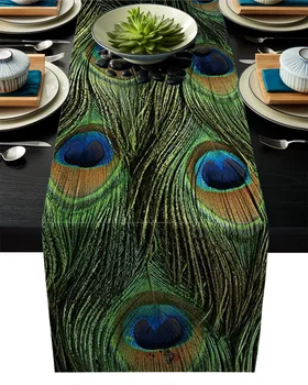 

Green Animal Peacock Feather Table Runner Wedding Party Champagne Table Runners Dining Room Restaurant Home Tablecloth