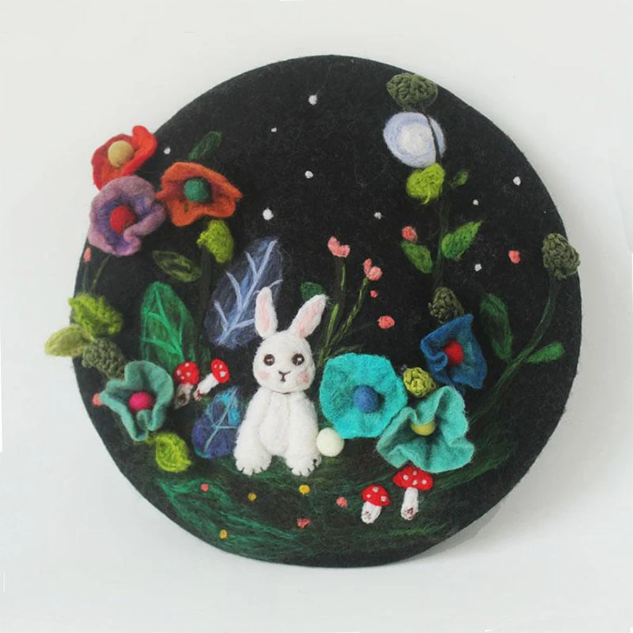 

Cute Rabbit Handmade Wool Felt Beret Hand-embroidered Childlike Berets Caps for Women Creative Painter Hat Christmas Gift Hats