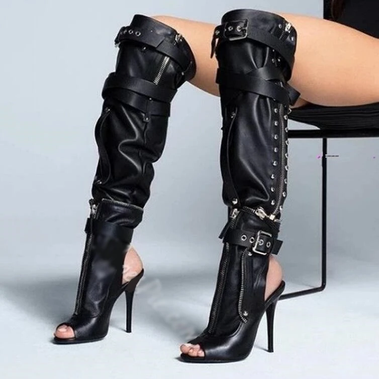 thigh high heel boots peep toe