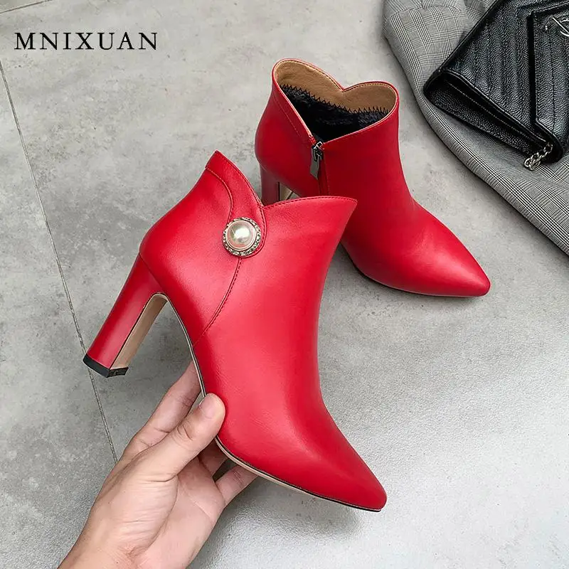 

MNIXUAN Sexy Spring Autumn Square High Heels Ankle Boots 2019 winter new pointed toe block heel luxury pearl bride red boots