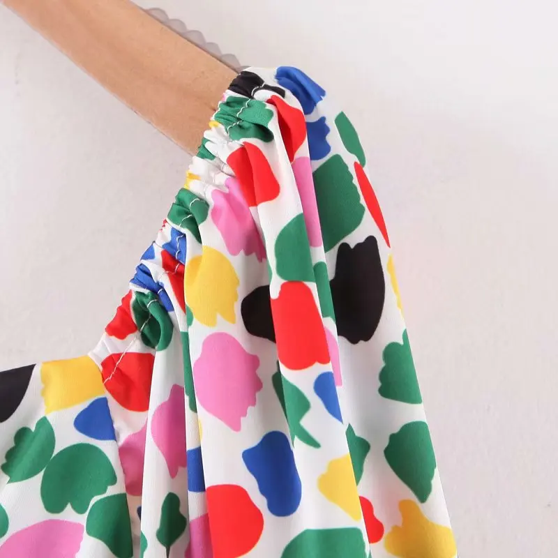 Vintage colorful dot print autumn summer dress women square neck slim waist satin party dress robe femme dropshipping