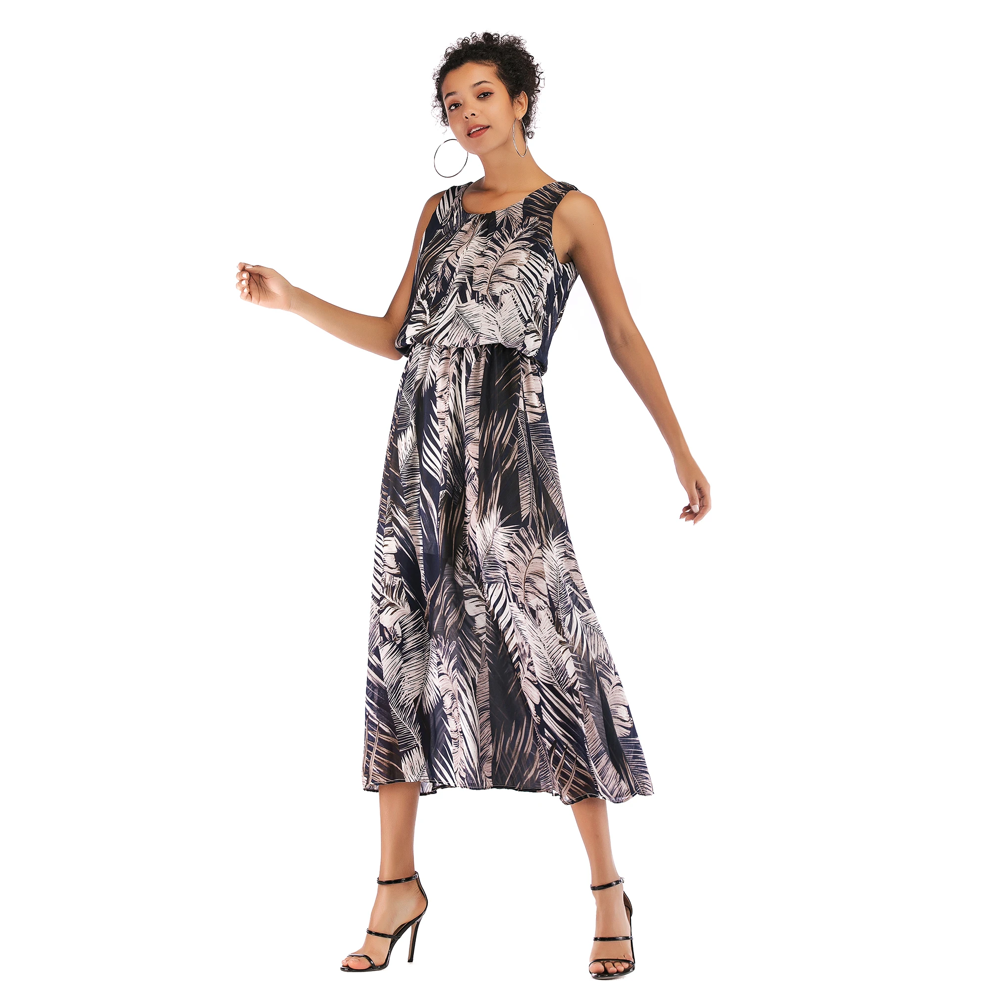 

JVCAKEWoman Dress Pullover High Waist Sleeveless V neck Fresh Sweet Slim Waist Dress Slim Print Shoulder Strap Chiffon Dress XL