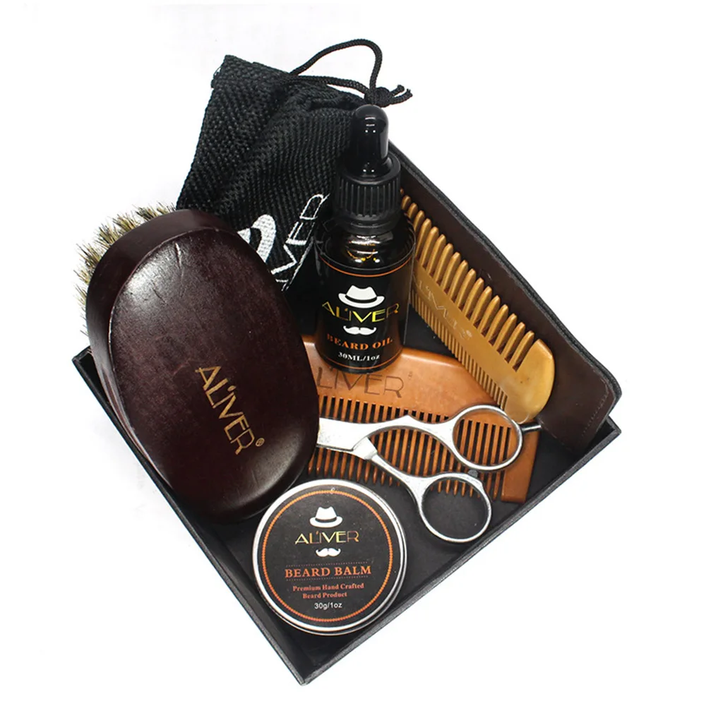 

ALIVER Beard Grooming Kit Beard Oil Beard Balm Comb Scissor Set Male Mustache Trimming Styling Shaping Moisturizer Men Gift