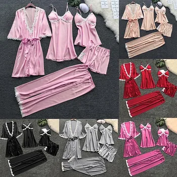 

2020 New 4 Pieces Women Pajama Set Silk Pajama Sleepwear Set Sexy Lace Fashion Spring Autumn Homewear