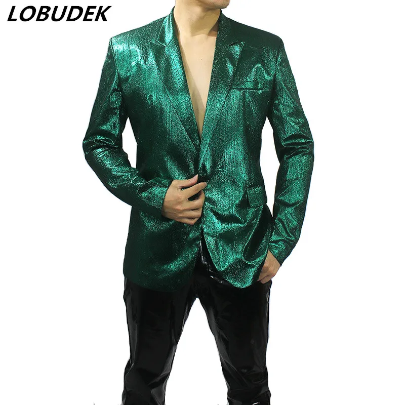 

Men's Rock Singer Bar Stage Glitter Blazer Performance Costume Green Blue Silver Spring Autumn Thin Style Casual Coat