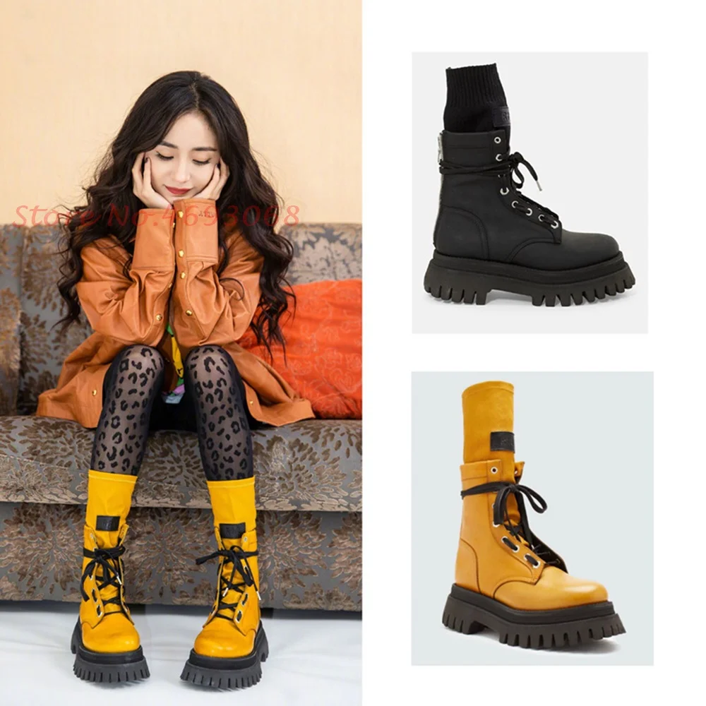 Yellow Thick Sole Motorcycle Boots Women Lace Up High Heel, 46 OFF
