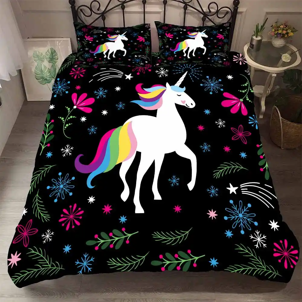 Rainbow Unicorn Comforter Set Floral Snowflake Girls Bedding