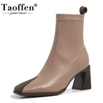 

Taoffen Genuine Leather Women Ankle Boots Fashion Stretch Boots Mixed Color Winter Shoes Woman Casual Daily Footwear Size 33-40