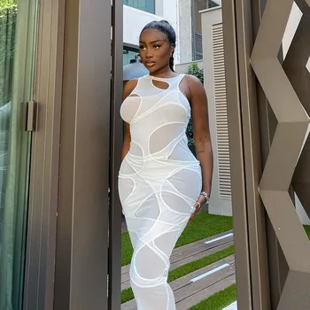 2026 Sleeveless O-Neck Solid Patchwork Mesh Maxi Dress Autumn Winter Women Fashion Sexy Party Club Elegant Clthings 1