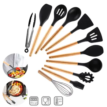

9/10/12PCS Silicone Cooking Utensils Kitchen Set Non-stick Spatula Shovel Wooden Handle Tools Set with Storage Box Kitchen Tools