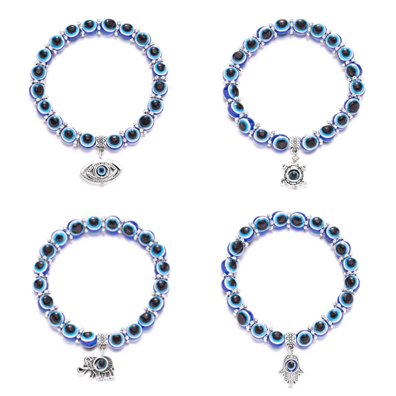 Blue Evil Eye Bracelet Hand of Fatima Turkey Thousand Eyes Wish Handmade Women's Resins Bead Bangle Elastic Bracelets Jewlery