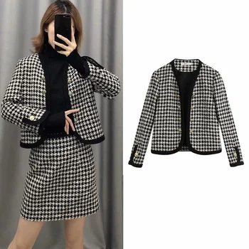 

England elegant women's suit blazer tweed single Breasted Office Wear Plaid short jacket women Casual Houndstooth female coat
