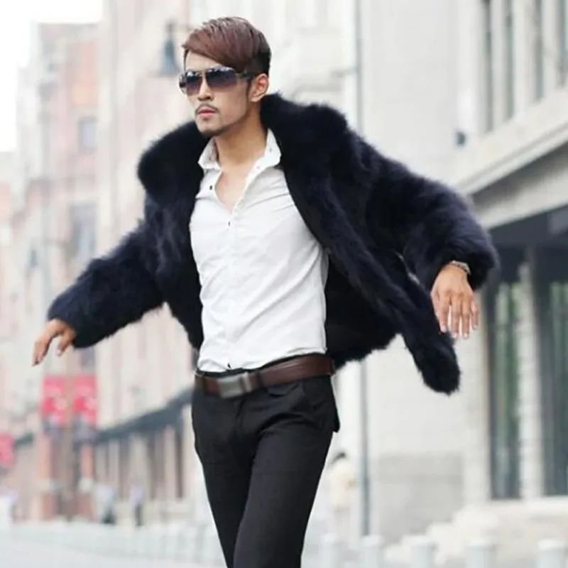 Зимнее мужское повседневное пальто с имитацией, длинный рукав, отложной воротник, ворсистое пальто из искусственного меха, мужской искусственный мех, зимняя теплая верхняя одежда, куртка - Цвет: Черный