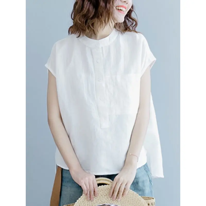 

Woman Split Blouse 2019 Summer Fashion Korean Loose Cotton White Round Neck Shirt