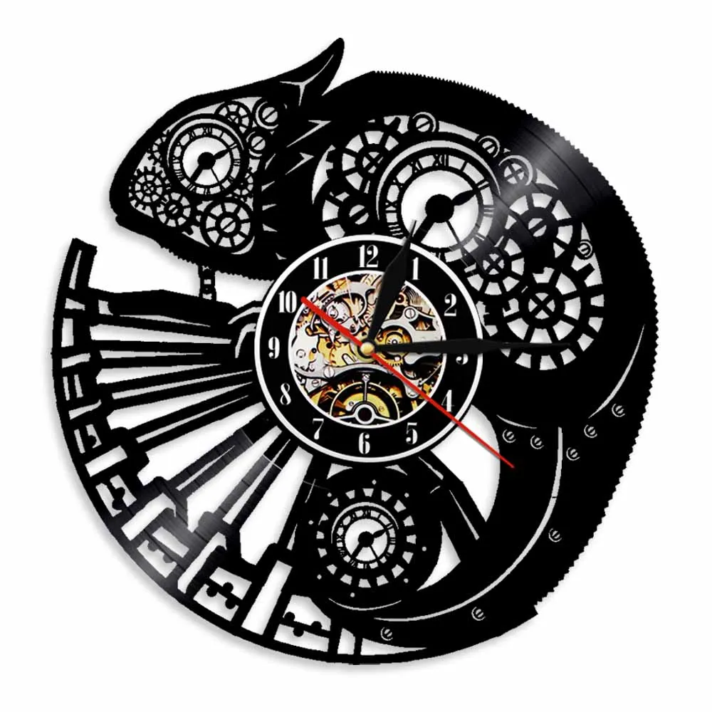 Chameleon Vintage Vinyl Record Wall Clock LP LED Night Light Art Hanging Watch Silent Quartz Animal Lover Gift | Дом и сад
