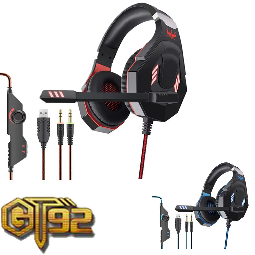 Mosunx GT92 игровая гарнитура, наушники с микрофоном, светодиодный свет, стерео игровая гарнитура, USB 3,5 мм, проводная Звуконепроницаемая игровая гарнитура