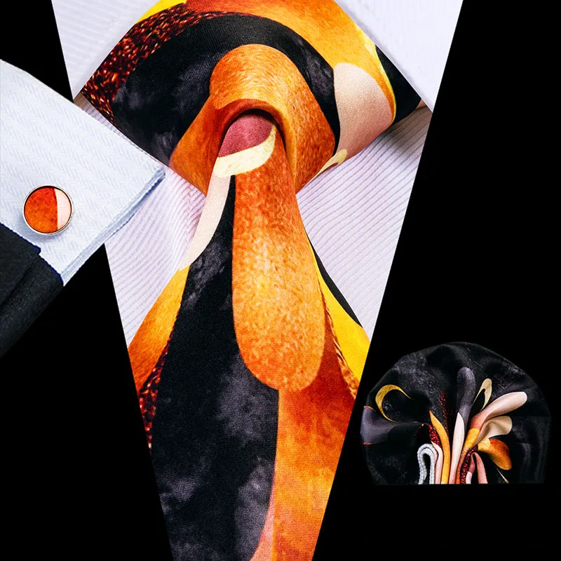 Hi-Tie Orange Men's Tie 8.5cm Silk Ties For Men Hanky and Cufflinks Set Gold Luxury Flower Classic Party Wedding Necktie