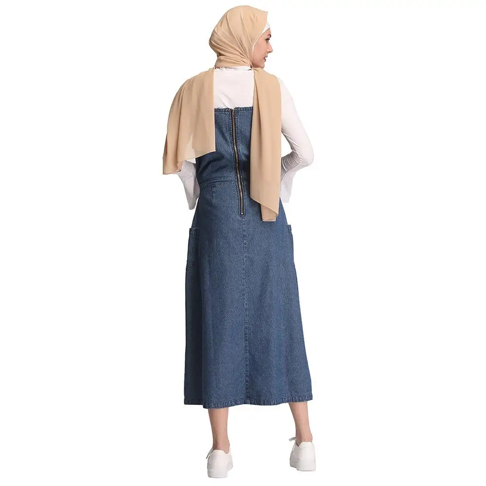 Muslim Women's Denim Maxi Pinafore Dungaree Dress – Loose Fit, Long Jean Straps, High Waist, Plus Size – Islamic Casual Clothing image 3