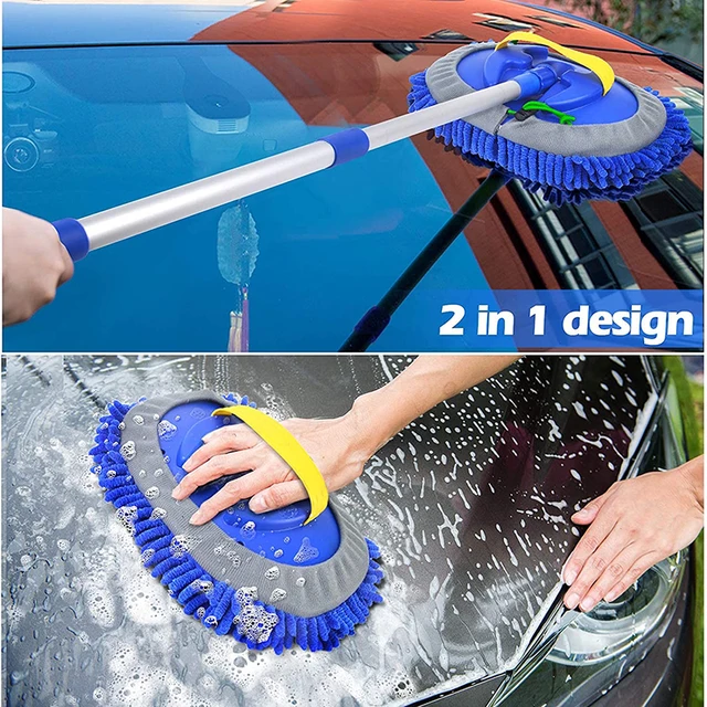 2 In 1 Three Section Retractable Mop Long Handle Car Wash Brush Mop Portable Thick Microfiber