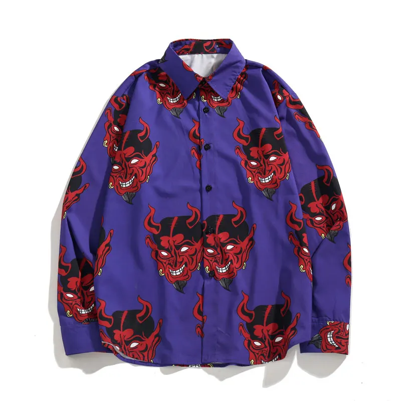 Purple GONTHWID Devil/рубашки с длинными рукавами и принтом в стиле Харадзюку, Повседневная рубашка на пуговицах, уличная мода, повседневные рубашки, футболки, топики - Цвет: Purple