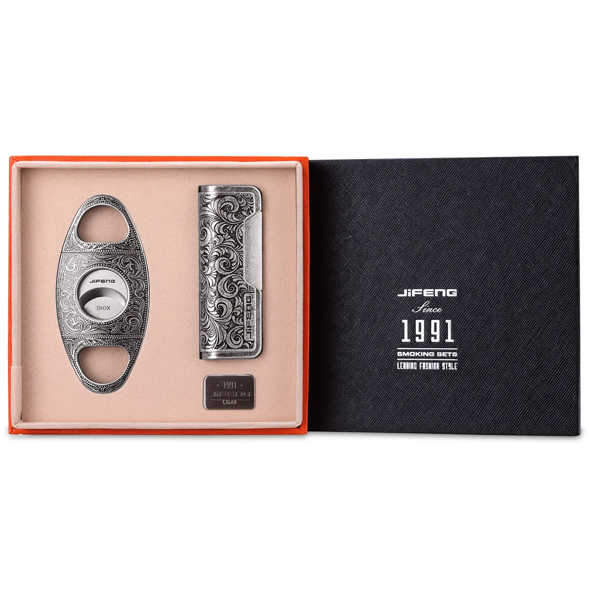 Luxury Cigar Lighter Cigar Cutter Set Straight Strong Fire Windproof Lighters Metal Stainless Sharp Cutter Exquisite Carving