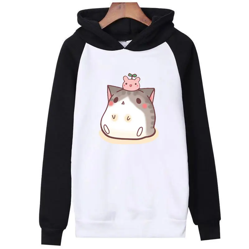 Новинка, женские свитшоты, толстовки с капюшоном, kawaii, мультяшная кошка, одежда для женщин, белые, черные, пуловеры, Осенний флисовый стиль, Брендовые спортивные костюмы - Color: black