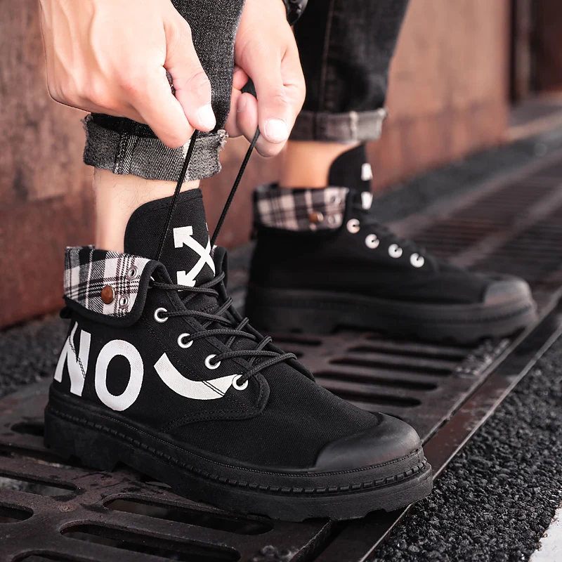 Summer men's Martin boots breathable round head men's flat boots net red increase graffiti denim solid rubber men's flat boots