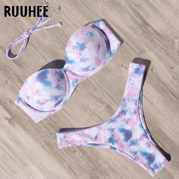 

RUUHEE Tie Dye Push Up Bikini 2020 Women Leopard Swimsuit Sexy Floral Swimwear Female Bandage Bathing Suit Brazilian Bikini Set