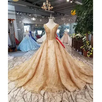 شراءفساتين سهرة ذهبية BGW 22629ht مع حجاب لامع بدون أكمام ورقبة على شكل حرف V وأربطة على الظهر فساتين فاخرة مع قطار Vestidos De Festa