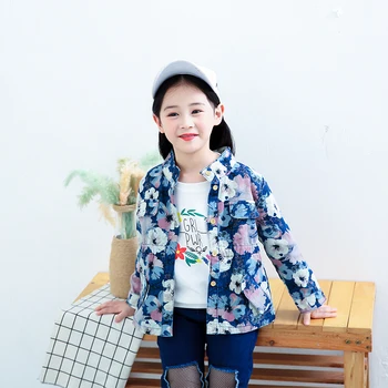

Girls Jacket spring autumn Kids 3-8 years Flower Round Neck Denim infants Tops Children's Clothes