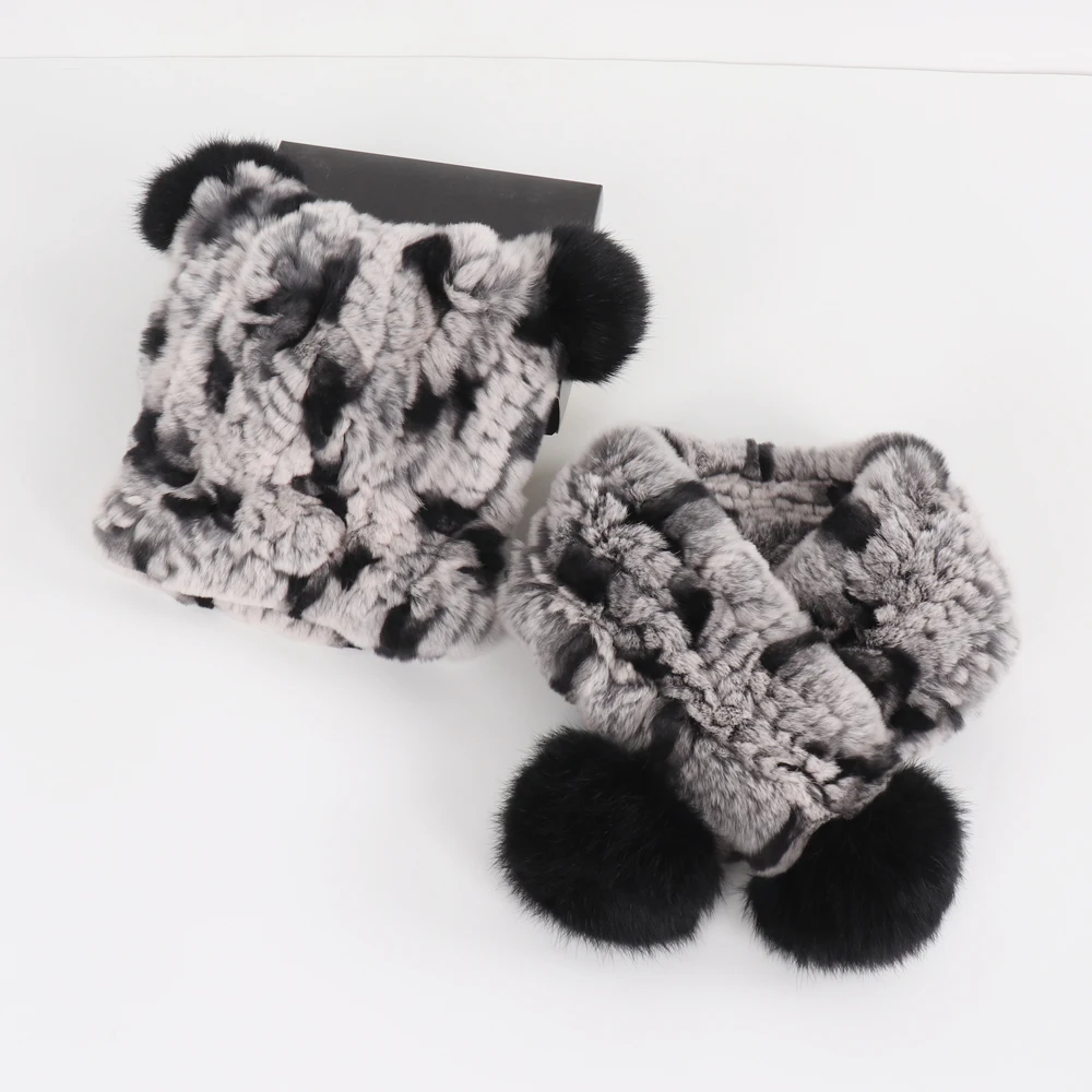 Winter Children Real Rex Rabbit Fur Scarf Hat Sets Knit Warm Child Natural Fur Scarves Hats Good Elastic Kid Real Caps