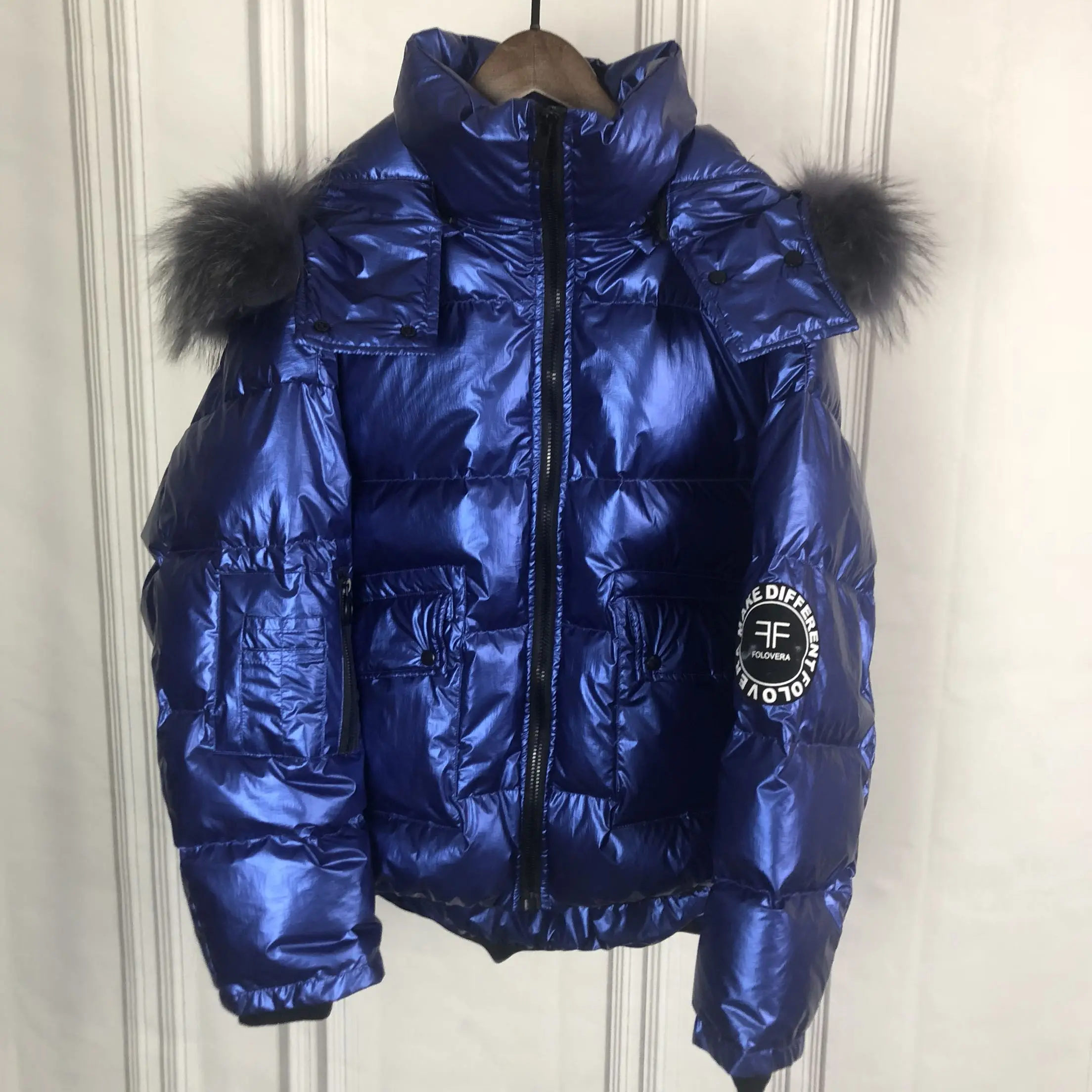 blue Новое поступление, женское пуховое пальто, пуховая парка, теплая куртка для женщин, капюшон из натурального меха, блестящий золотой, золотой, синий, максимальный размер - Цвет: blue