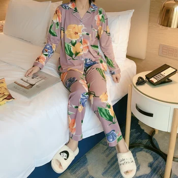 

XIZOU Cute Sleepwear Women Pajama Sets Women Flower Print Long Sleeve Round Neck White Tee and Blue Pants Pajama Sets