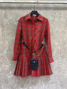 

2019 New Arrival Fashion Red Plaid Long Sleeve Belted Christmas Pleated Dress Size S M L Free Shipping Worldwide