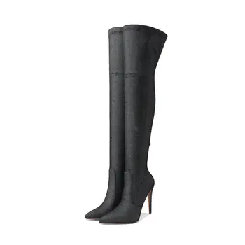 

Thin High Heel Over the Knee Boots Female Pointed Toe Stretch fabric Boots Women Boots Sexy Tight Thigh Boots Woman size 42 43