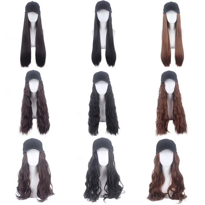 

70Cm Straight Black Long Wig Water Wave Wig For Women Curly Wig Fashion Duck Tongue Hat Headgear Cosplay Wig Free Wig Cap Vrupin