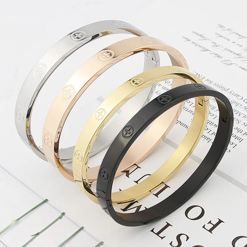 Stainless Steel Couple Cuff Crystal Bracelets & Bangles Rose Gold Black  Color Men Women Bracelet Fashion Simple Lovers' Jewelry - AliExpress