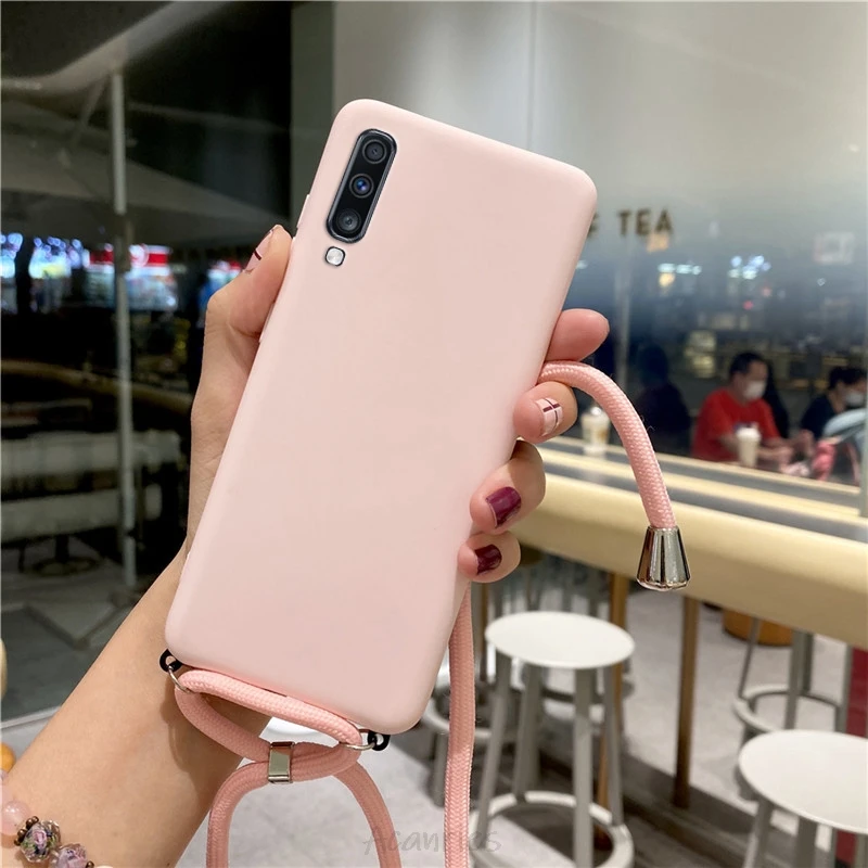 samsung silicone candy color silicone strap lanyards case on for Samsung Galaxy A70 A50 A50S A30S A40 A30 A20E A20 A10 A20S A10S A10E matte cover cute samsung cases