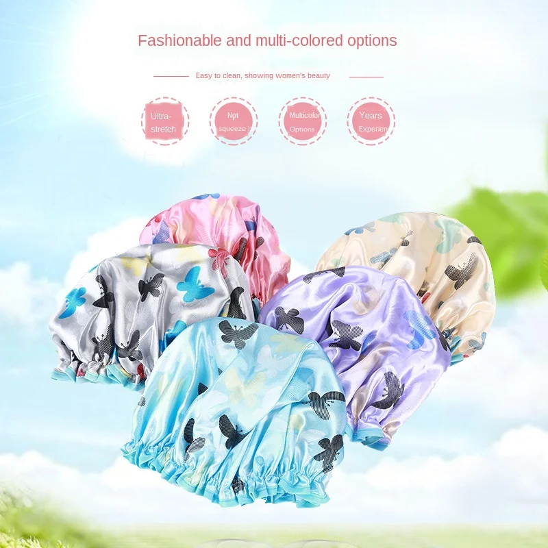 

Double Waterproof shower cap women Thicken Adult Ladies Bathing Cap Butterfly Plain Bathing Cap Kitchen Hat Spot Direct Sales