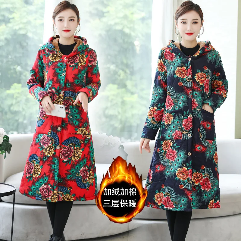 

2019 Winter New Style Ethnic-Style WOMEN'S Dress Retro Printing plus Velvet plus Cotton Warm Large Size Mid-length Hooded Cotton
