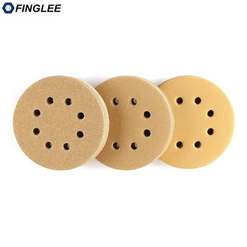 

FINGLEE 10Pcs 5 Inch 125mm 8 Holes Sandpaper Hook and Loop Yellow sanding disc Dry Polishing Grit 60/80/120/150/220