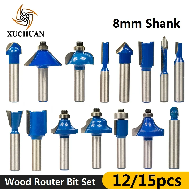 

12/15pcs 8mm Shank Wood Router Bit Set with Bearing Edging Molding Sloting Wood Milling Cutter Set